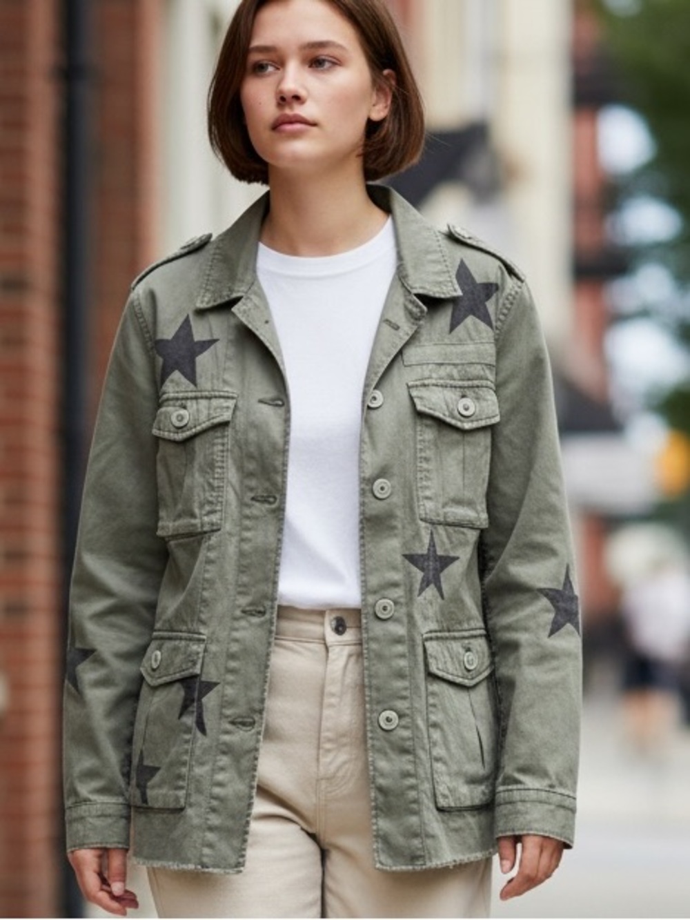 Pistola Woman’s Olive Green Military Utility Jacket w Black Stars SZ S EUC